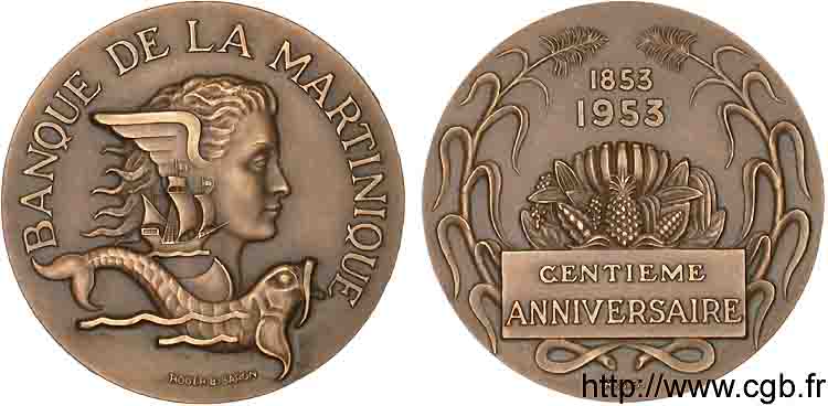 CUARTA REPUBLICA FRANCESA Médaille Br 59 centenaire de la Banque de la Martinique 1953 Paris FDC 