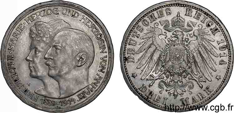 GERMANY - DUCHY OF ANHALT-DESSAU - FREDERICK II 3 marks 1914 Berlin AU 