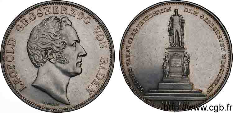 GERMANY - GRAND DUCHY OF BADEN - CHARLES LEOPOLD FREDERICK Double thaler d’hommage à son père 1844 Karlsruhe AU 