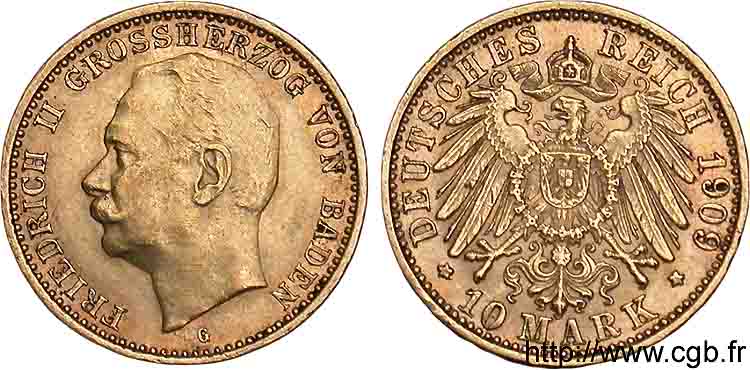 GERMANY - GRAND DUCHY OF BADEN - FREDERICK II 10 marks or 1909 Karlsruhe XF 