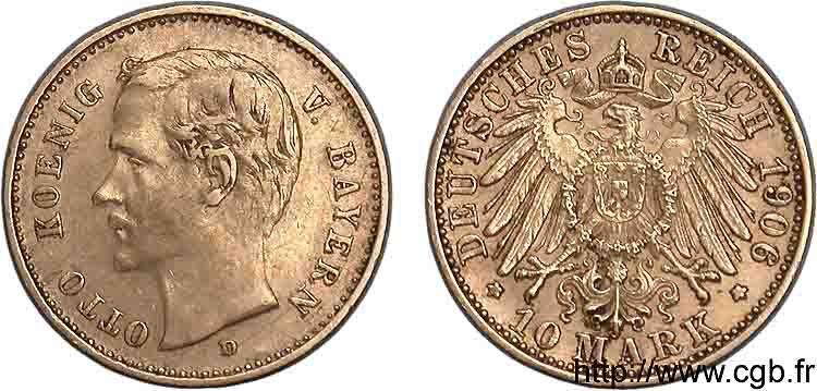 GERMANY - KINGDOM OF BAVARIA - OTTO 10 marks Or 1906 Münich XF 