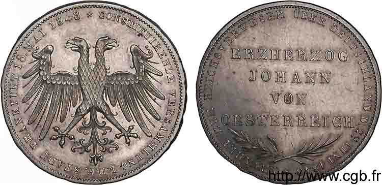 ALLEMAGNE - VILLE LIBRE DE FRANCFORT 2 Gulden élection de Jean Archiduc d’Autriche 1848 Francfort SPL 