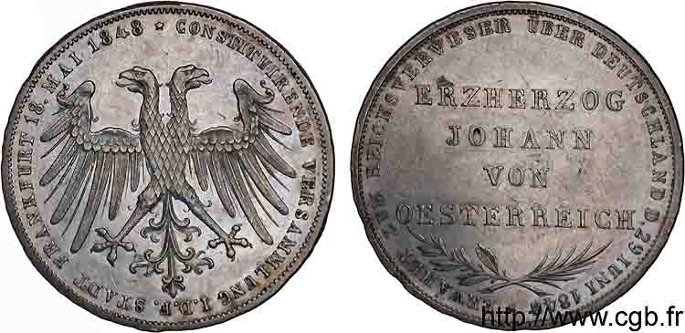 ALLEMAGNE - VILLE LIBRE DE FRANCFORT 2 Gulden élection de Jean Archiduc d’Autriche 1848 Francfort EBC 