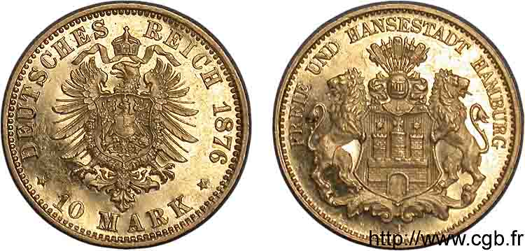 GERMANIA - LIBERA CITTA DE AMBURGO 10 marks or, 2e type 1876 Hambourg MS 