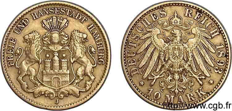 GERMANIA - LIBERA CITTA DE AMBURGO 10 marks or, 3e type 1893 Hambourg XF 