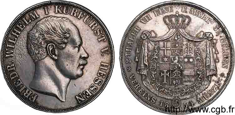 GERMANY - PRINCIPALITY OF HESSE-CASSEL - FREDERICK WILLIAM I Double thaler 1854 Cassel XF 
