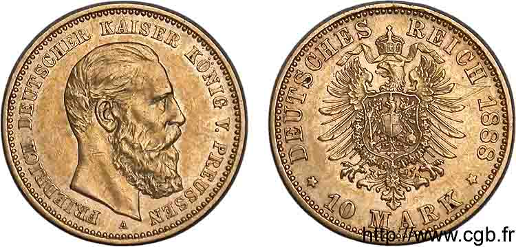 ALLEMAGNE - ROYAUME DE PRUSSE - FRÉDÉRIC III 10 marks or 1888 Berlin EBC 