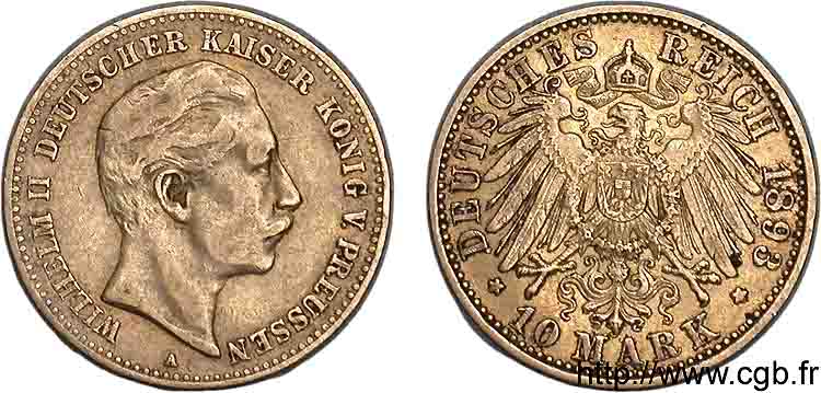 GERMANY - KINGDOM OF PRUSSIA - WILLIAM II 10 marks or, 2e type 1893 Berlin XF 
