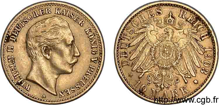 GERMANY - KINGDOM OF PRUSSIA - WILLIAM II 10 marks or, 2e type 1903 Berlin XF 