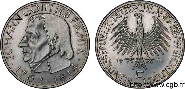 RÉPUBLIQUE FÉDÉRALE D ALLEMAGNE 5 mark, 150e anniversaire de la mort de Johann Gottlieb Fichte 1964 Hambourg AU 