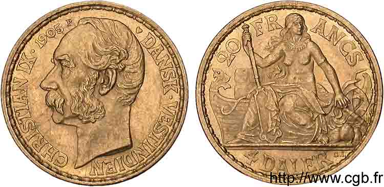 DANISH WEST INDIES - CHRISTIAN IX 20 Francs-4 dalers 1905  AU 