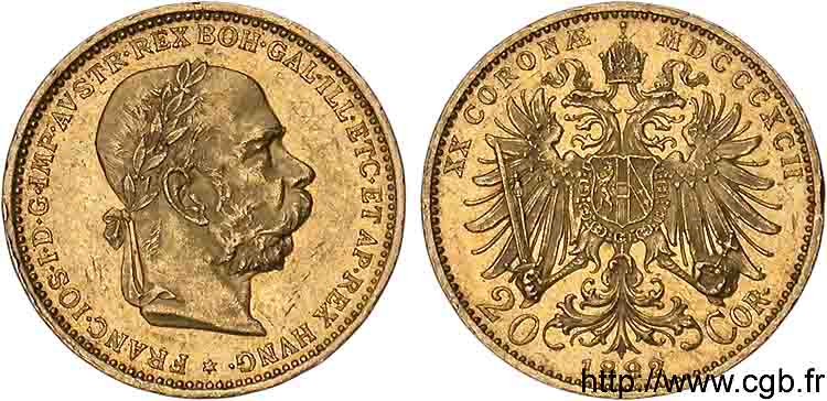 AUTRICHE - FRANÇOIS-JOSEPH Ier 20 Corona en or, 2e type 1892 Vienne EBC 