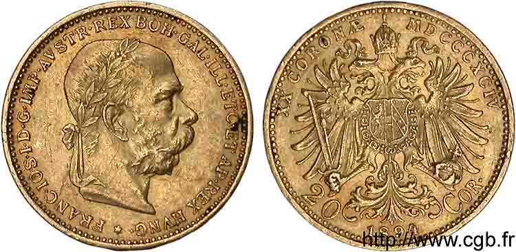 AUSTRIA - FRANZ-JOSEPH I 20 Corona en or, 2e type 1894 Vienne AU 