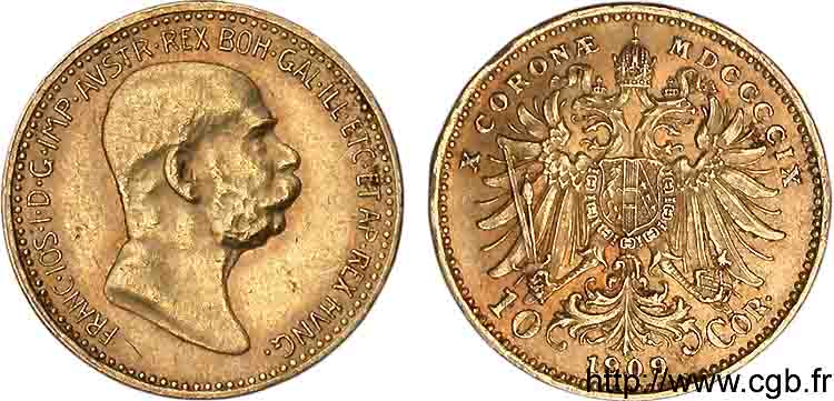 AUTRICHE - FRANÇOIS-JOSEPH Ier 10 corona en or, 3e type 1909 Vienne VZ 