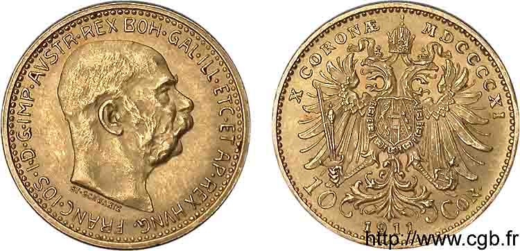 AUSTRIA - FRANZ-JOSEPH I 10 corona en or, 4e type 1911 Vienne AU 