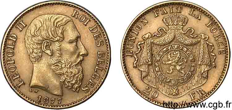 BELGIQUE - ROYAUME DE BELGIQUE - LÉOPOLD II 20 francs or, 4e type 1877 Bruxelles AU 