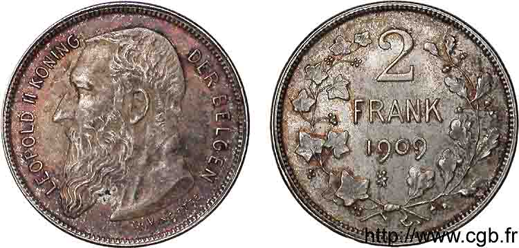 BELGIQUE - ROYAUME DE BELGIQUE - LÉOPOLD II 2 francs, barbe large et légende flamande 1909 Bruxelles AU 