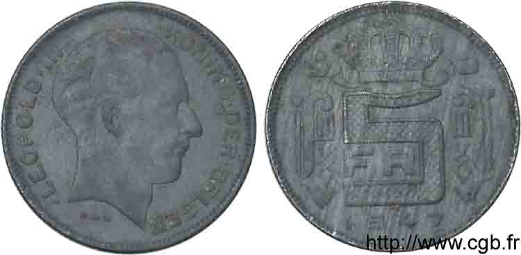 BELGIQUE - ROYAUME DE BELGIQUE - RÈGNE DE LÉOPOLD III, RÉGENCE DU PRINCE CHARLES 5 francs zinc légende flamande 1947 Bruxelles TTB 