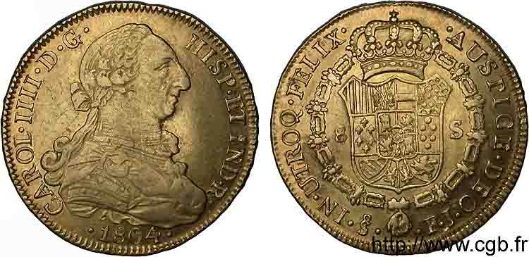 CHILE - CHARLES IV 8 escudos en or 1804 S°, Santiago du Chili XF 