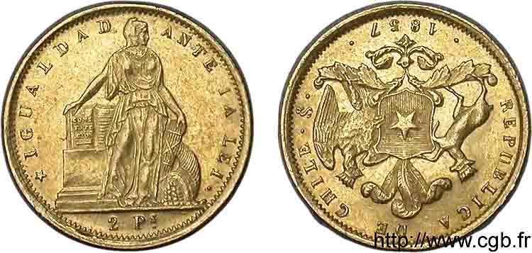 CHILI - RÉPUBLIQUE 2 pesos Or 1857 Santiago du Chili VZ 