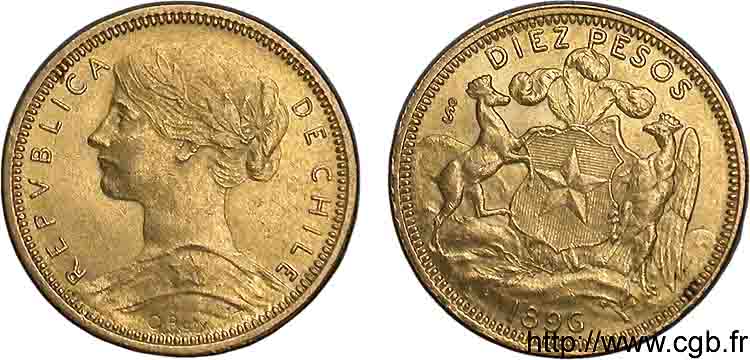 CHILI - RÉPUBLIQUE 10 pesos or 1896 S°, Santiago du Chili VZ 