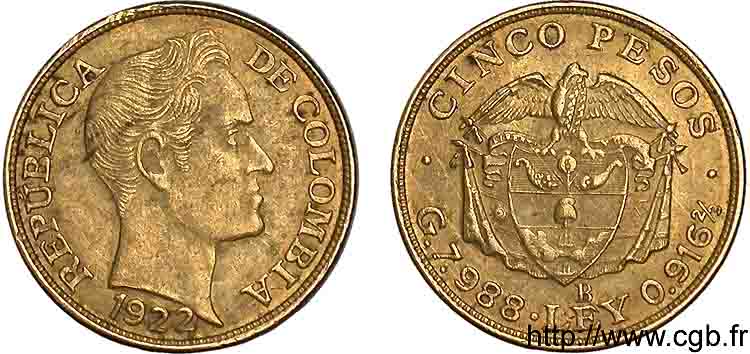COLOMBIA - REPUBLIC OF COLOMBIA 5 pesos or, grosse tête 1922  XF 