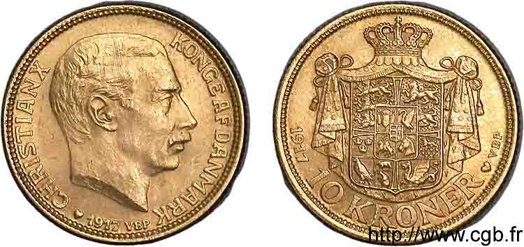 DINAMARCA - REINO DE DINAMARCA  - CRISTIÁN X 10 Kroner 1917 Copenhague EBC 