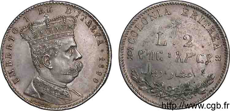 ÉRYTHRÉE - ROYAUME D ITALIE - HUMBERT Ier 2 lires 1890 Rome VZ 
