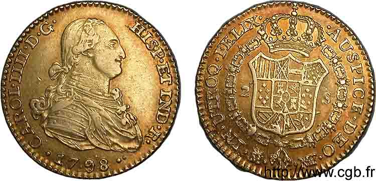 SPAIN - KINGDOM OF SPAIN - CHARLES IV 2 escudos en or 1798 M couronnée, Madrid XF 