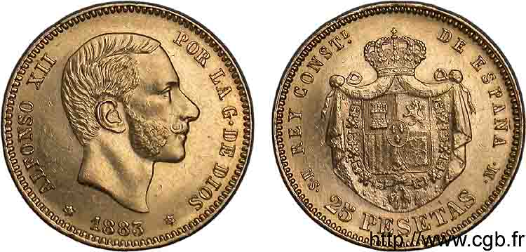 ESPAGNE - ROYAUME D ESPAGNE - ALPHONSE XII 25 pesetas, tête âgée 1883 Madrid VZ 