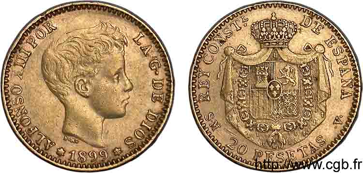 SPAIN - KINGDOM OF SPAIN - ALFONSO XIII 20 pesetas 1899 Madrid XF 