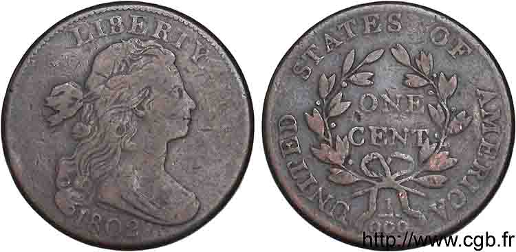 ÉTATS-UNIS D AMÉRIQUE Large cent buste drapé, revers avec fraction erronée 1802 Philadelphie VF 