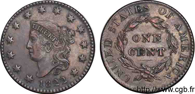 ÉTATS-UNIS D AMÉRIQUE Large cent, tête à gauche 1822 Philadelphie VZ 