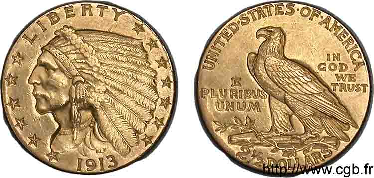 ÉTATS-UNIS D AMÉRIQUE Quarter Eagle ou 2 1/2 dollars Or  Indian Head  1913 Philadelphie AU 