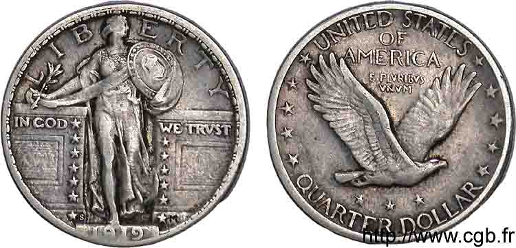 UNITED STATES OF AMERICA Quarter ou 1/4 Dollar Liberté debout, 2e type 1919 San Francisco XF 