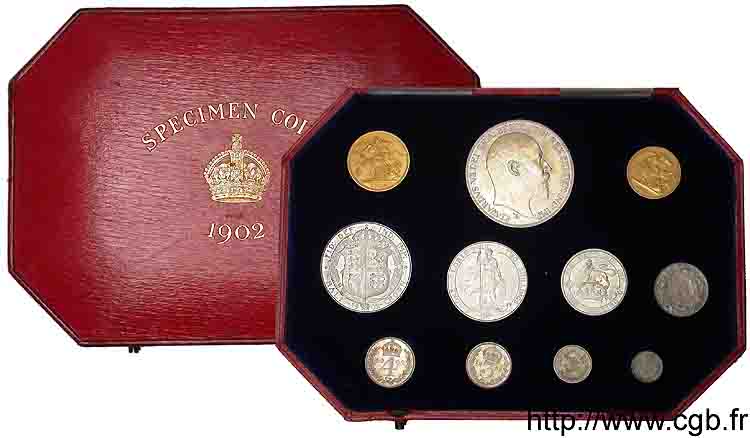 GRANDE-BRETAGNE - ÉDOUARD VII Coffret 1902 ou “Proof set”, 11 monnaies 1902 Londres ST 