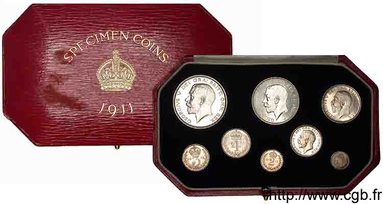 GRANDE-BRETAGNE - GEORGES V Coffret 1911 ou “Proof set”, 8 monnaies 1911 Londres FDC 