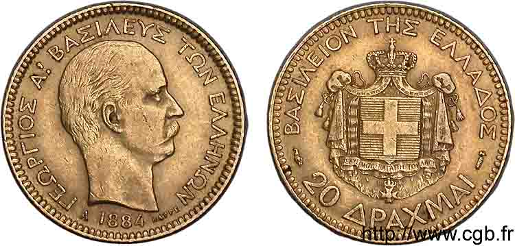 GRÈCE - ROYAUME DE GRÈCE - GEORGES Ier 20 drachmes or 1884 Paris XF 