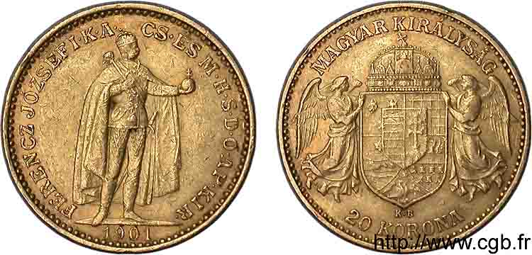 UNGHARIA - REGNO DE UNGHARIA - FRANCESCO GIUSEPPE I 20 korona en or 1901 Kremnitz XF 