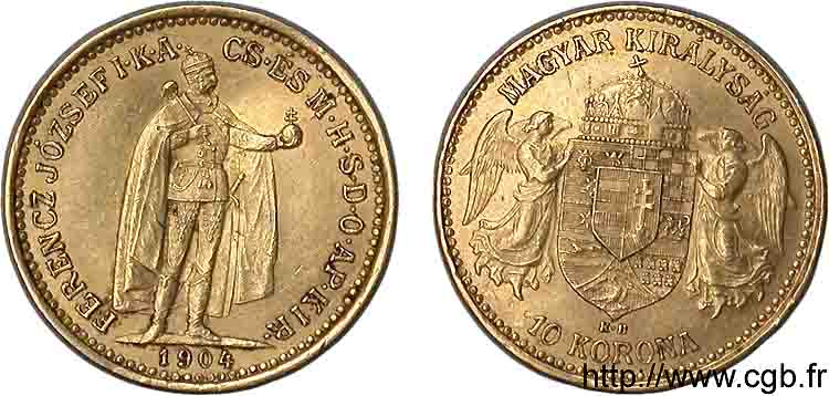 UNGHARIA - REGNO DE UNGHARIA - FRANCESCO GIUSEPPE I 10 korona en or 1904 Kremnitz AU 