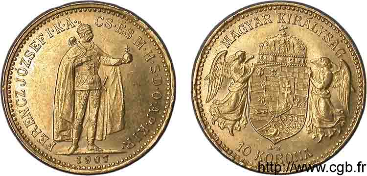 HUNGRÍA - REINO DE HUNGRÍA - FRANCISCO JOSÉ I 10 korona en or 1907 Kremnitz EBC 