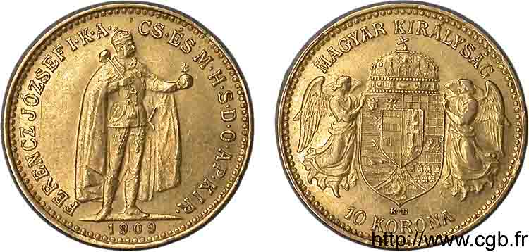 UNGHARIA - REGNO DE UNGHARIA - FRANCESCO GIUSEPPE I 10 korona en or 1909 Kremnitz AU 