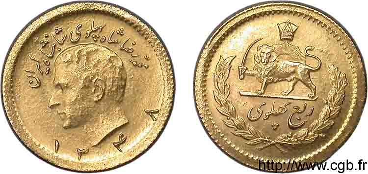 IRAN - MOHAMMAD REZA PAHLAVI SHAH 1/4 Pahlavi or, 2e type SH 1348 = 1969 Téhéran AU 