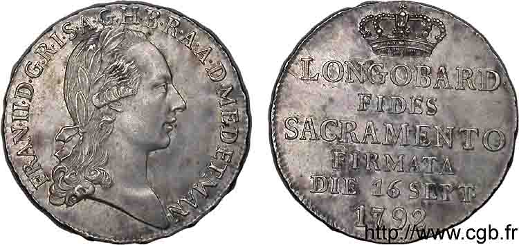 ITALIE - DUCHÉ DE MILAN ET DE MANTOUE - FRANÇOIS II Lira ou Jeton Ar 25, Sacre du 16 septembre 1792 1792  VZ 