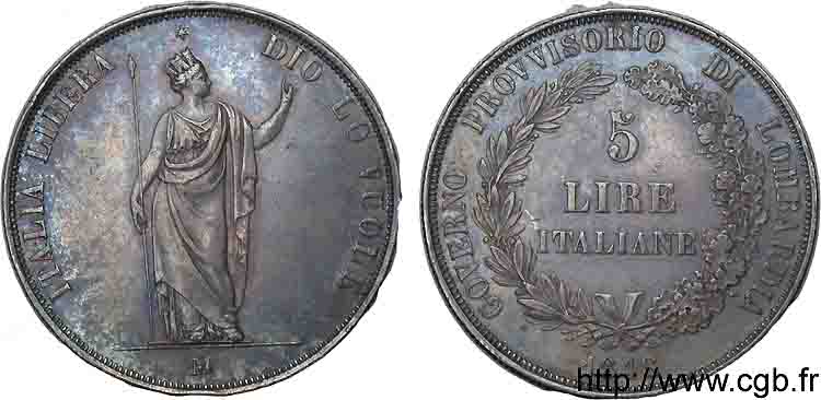 LOMBARDY - PROVISIONAL GOVERNMENT 5 lires 1848 Milan AU 