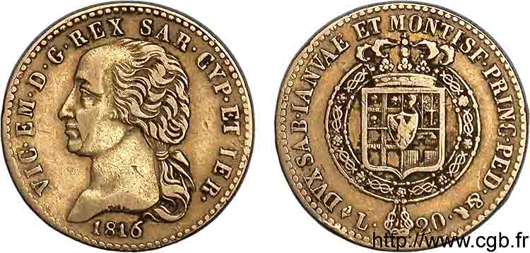 ITALIE - ROYAUME DE SARDAIGNE - VICTOR-EMMANUEL Ier 20 lires or, 1er type 1816 Turin MBC 