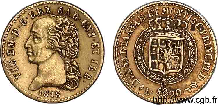 ITALIE - ROYAUME DE SARDAIGNE - VICTOR-EMMANUEL Ier 20 lires or, 1er type 1818 Turin XF 