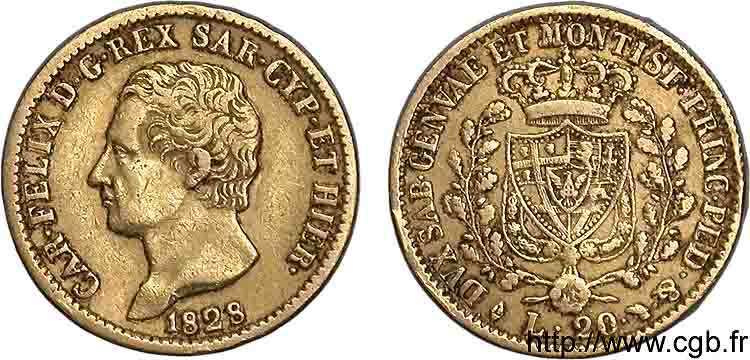 ITALIEN - KÖNIGREICH SARDINIEN -  KARL FELIX 20 lires or 1828 Turin SS 