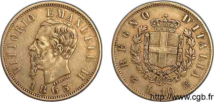 ITALY - KINGDOM OF SARDINIA - VICTOR-EMMANUEL II 10 Lires en or 1863 Turin XF 