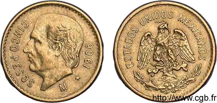 MEXICO - DICTATORSHIP OF PORFIRIO DIAZ 5 pesos or 1906 Mexico XF 